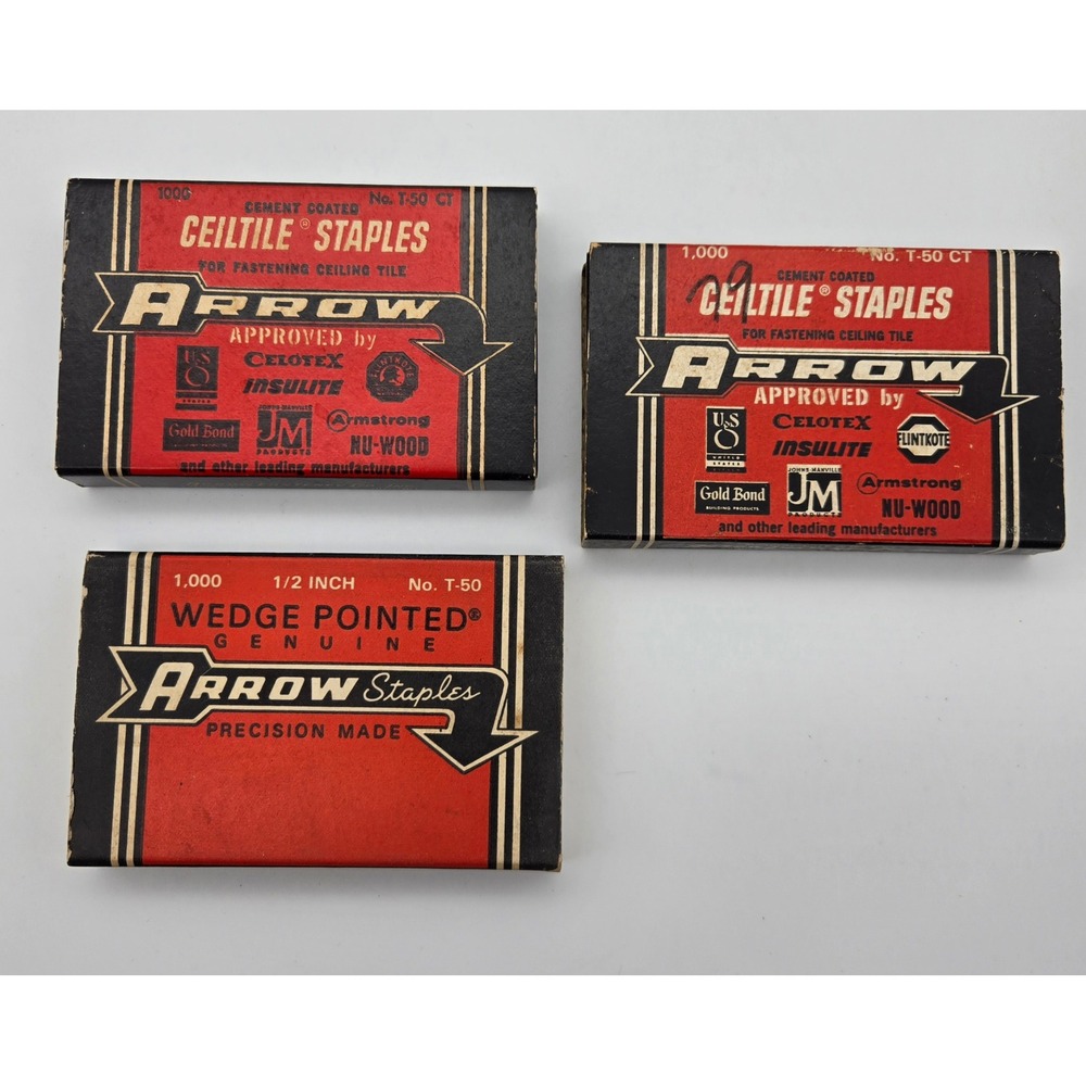 Arrow T-50 Staples Vintage Lot 3 Boxes Ceiltile 1/2 Inch Wedge‎ Pointed USA